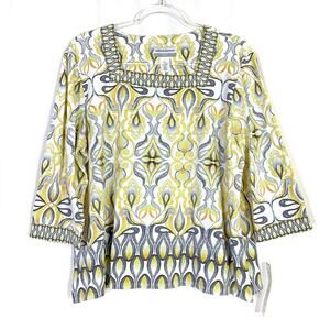 Alfred Dunner | Yellow Gray 3/4 Sleeve Top Square Neckline Cotton Womens NWT